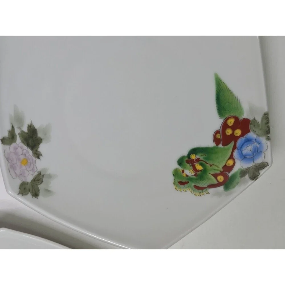 Set Of 5 Hexagonal Plates Hand Painted Foo Dogs Dragons Floral 7.25